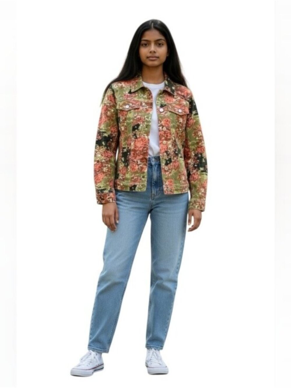 Live a Little Floral Denim Jacket Black and Red Size Medium